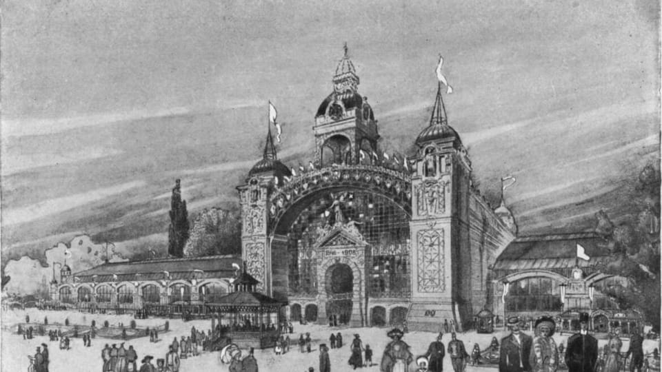 Průmyslový palác, 1908, foto: repro 'Upomínka na I. Živnostensko-průmyslovou výstavu v Praze' Průmyslový palác, 1908, foto: repro 'Upomínka na I. Živnostensko-průmyslovou výstavu v Praze'