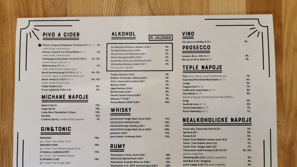 Plzeňské pivo (65 Kč) je středobod i na tomto nápojovém lístku. Chcete Hladinku, Čochtana, Šnyt nebo Mlíko? | Foto: Petr Lukeš, Radio Prague International Plzeňské pivo (65 Kč) je středobod i na tomto nápojovém lístku. Chcete Hladinku, Čochtana, Šnyt nebo Mlíko? | Foto: Petr Lukeš, Radio Prague International