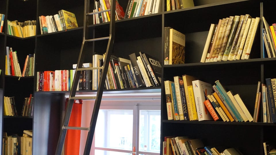 Žebřík v sousedské knihovně byl vyroben na míru a dá se s ním pohybovat po kolejnici po celém obvodu místnosti | Foto: Miloš Turek, Radio Prague International Žebřík v sousedské knihovně byl vyroben na míru a dá se s ním pohybovat po kolejnici po celém obvodu místnosti | Foto: Miloš Turek, Radio Prague International