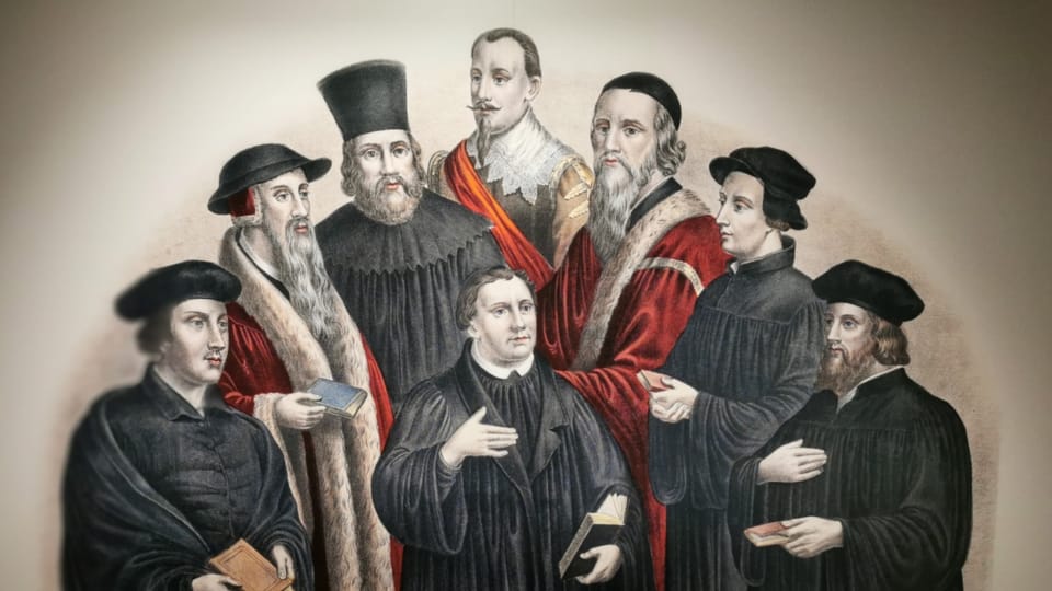Na dobovém obraze církevních reformátorů jsou hned tři Češi. Jan Hus, Jeroným Pražský a Jan Ámos Komenský | Foto: Petr Lukeš, Radio Prague International Na dobovém obraze církevních reformátorů jsou hned tři Češi. Jan Hus, Jeroným Pražský a Jan Ámos Komenský | Foto: Petr Lukeš, Radio Prague International