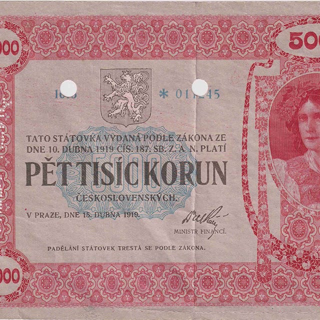 Státovka v hodnotě pět tisíc korun z roku 1919, zdroj: archiv Bankovky.com